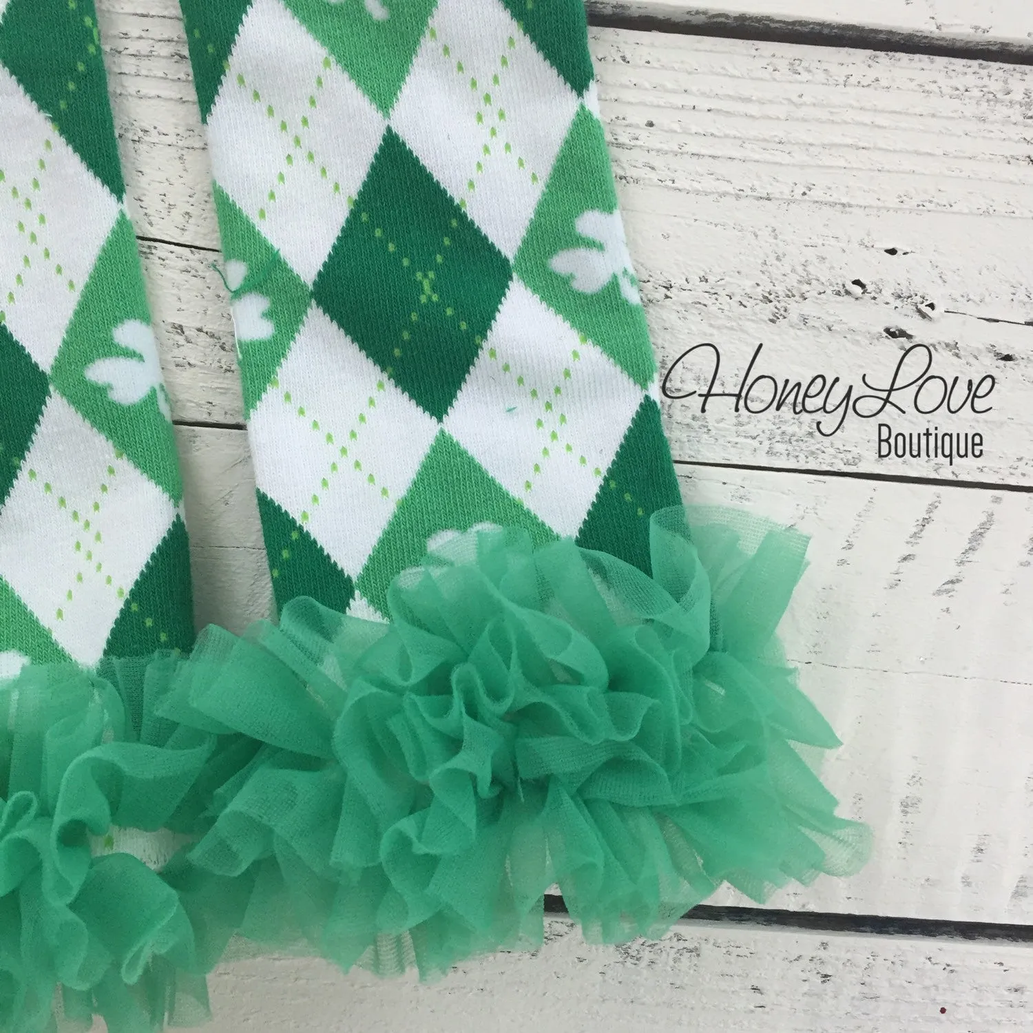 St. Patrick's Day Green/White/Argyle Shamrock leg warmers with green ruffles