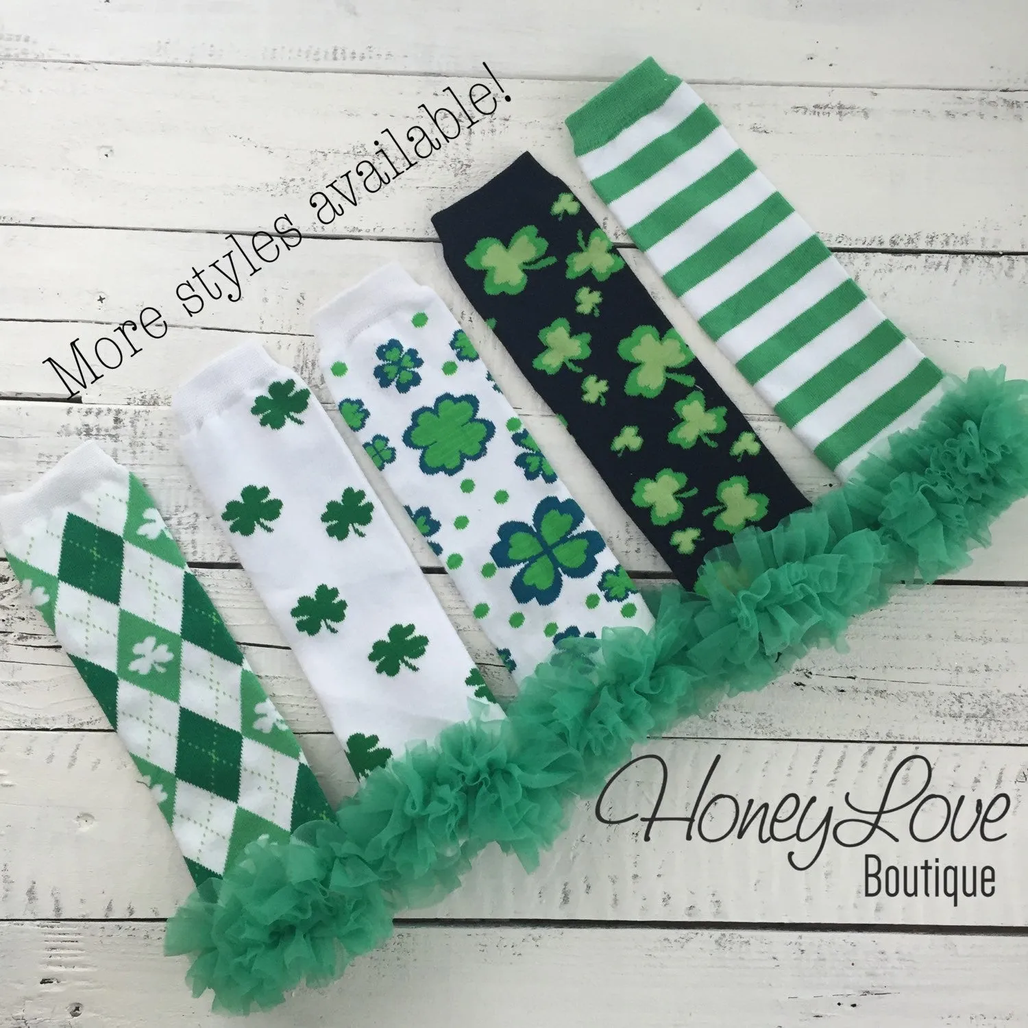 St. Patrick's Day Green/White/Argyle Shamrock leg warmers with green ruffles