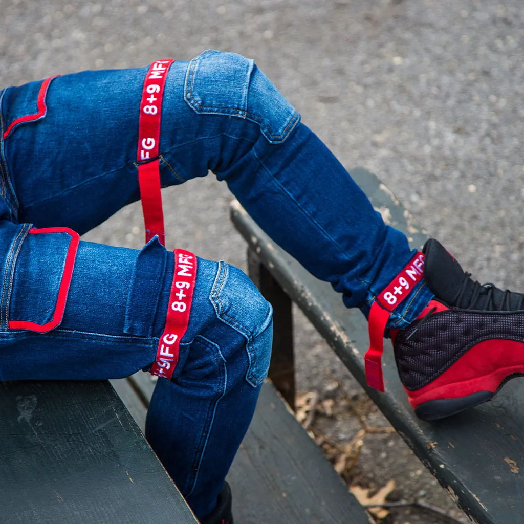 Strapped Up Slim Utility Dark Washed Jeans Red Straps