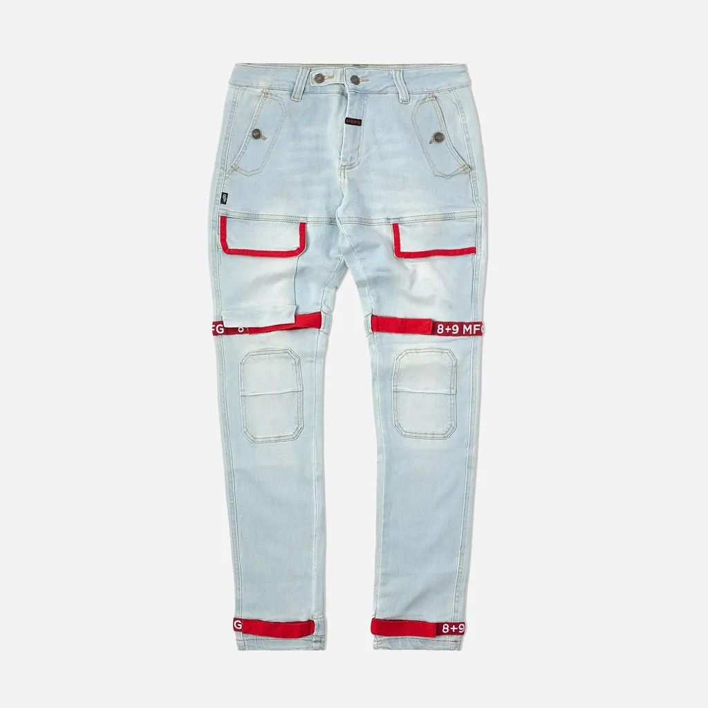 Strapped Up Slim Utility Light Washed Jeans Red Straps