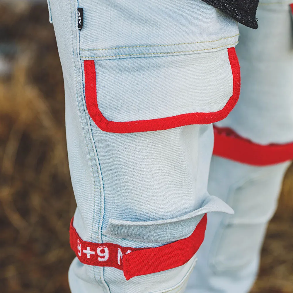 Strapped Up Slim Utility Light Washed Jeans Red Straps