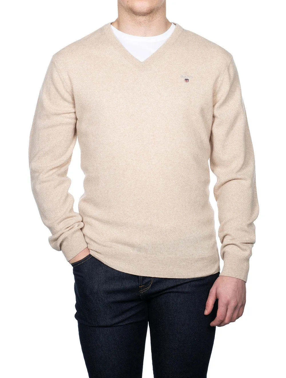 Super Fine Lambswool V-Neck Sweater Dark Sand Melange