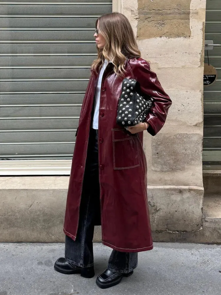 TAVIMART  -  Fashion Burgundy Patent Leather Stitch Overcoat Women Buttons Flap Pockets Oversized Windbreaker Chic Lady High Streetwear