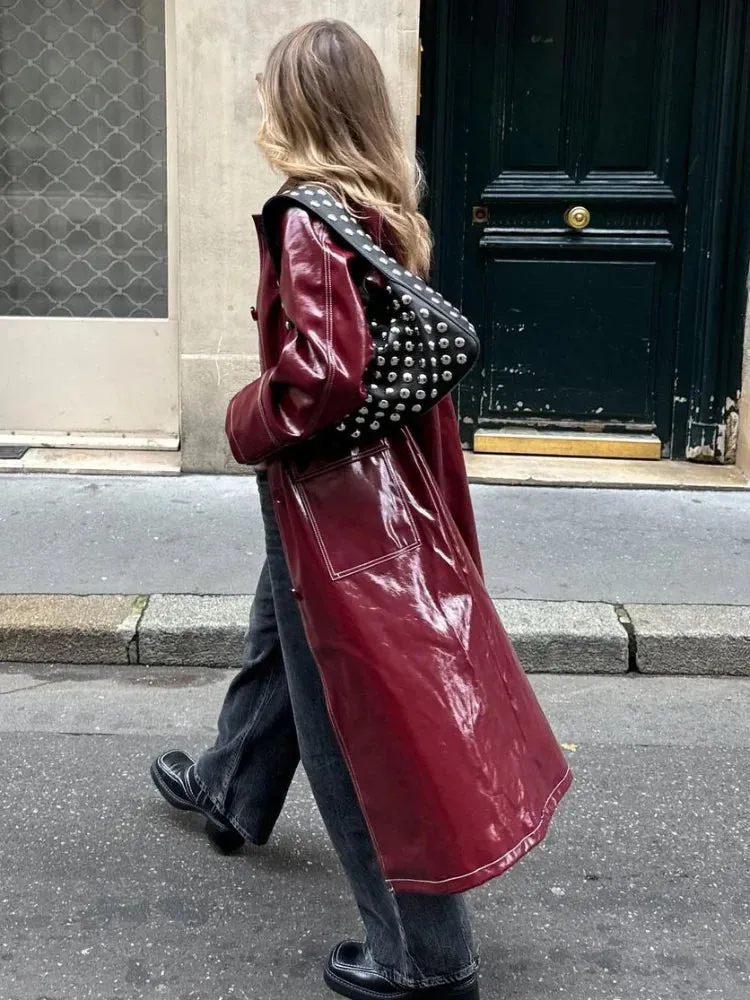 TAVIMART  -  Fashion Burgundy Patent Leather Stitch Overcoat Women Buttons Flap Pockets Oversized Windbreaker Chic Lady High Streetwear