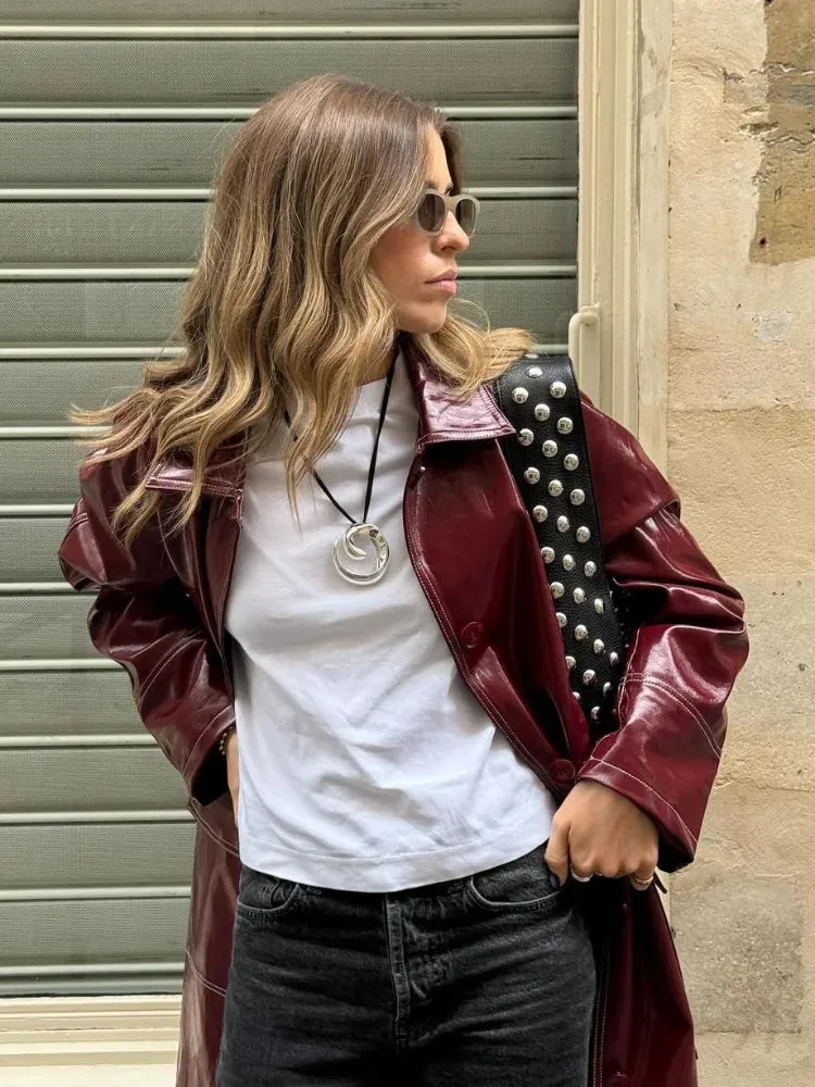 TAVIMART  -  Fashion Burgundy Patent Leather Stitch Overcoat Women Buttons Flap Pockets Oversized Windbreaker Chic Lady High Streetwear