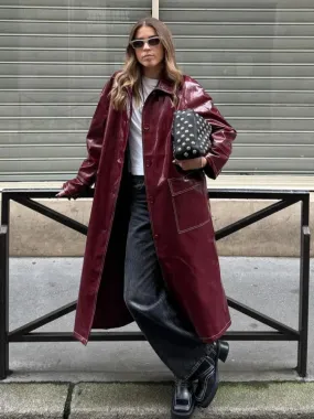 TAVIMART  -  Fashion Burgundy Patent Leather Stitch Overcoat Women Buttons Flap Pockets Oversized Windbreaker Chic Lady High Streetwear