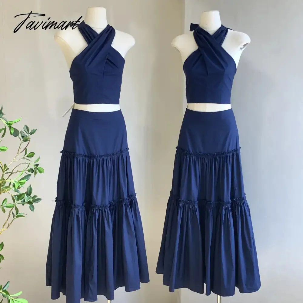 Tavimart Women Skirt Two Piece Summer Sexy Sleeveless Vest Women's Suit Solid Fashion Long pleated Skirt Set