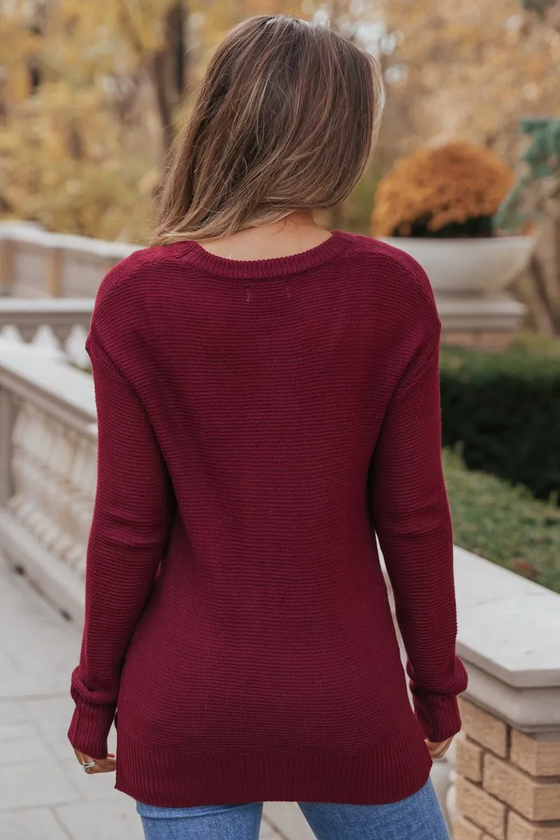 The Mini Waffle Texture Ribbed Knit Sweater - Wine