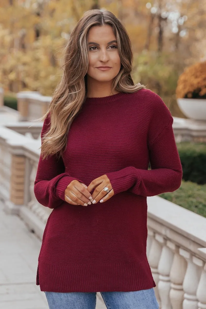 The Mini Waffle Texture Ribbed Knit Sweater - Wine