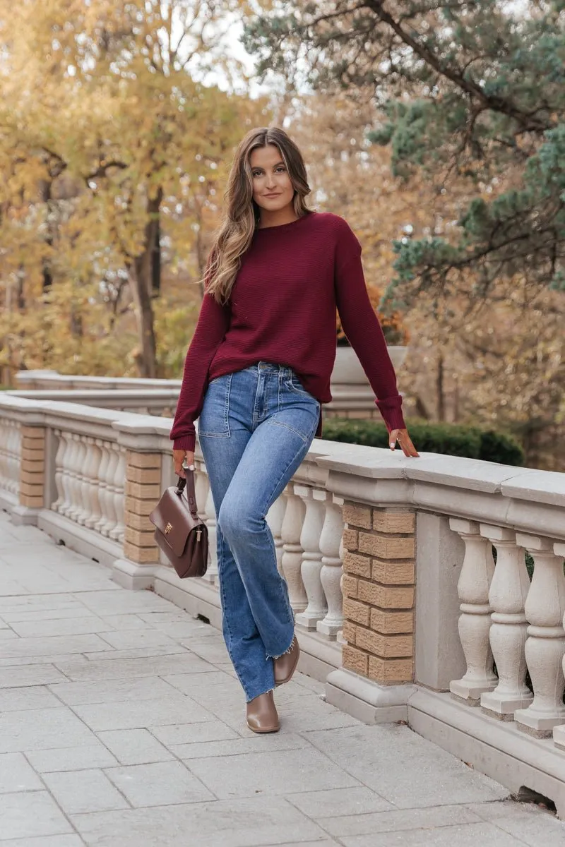 The Mini Waffle Texture Ribbed Knit Sweater - Wine