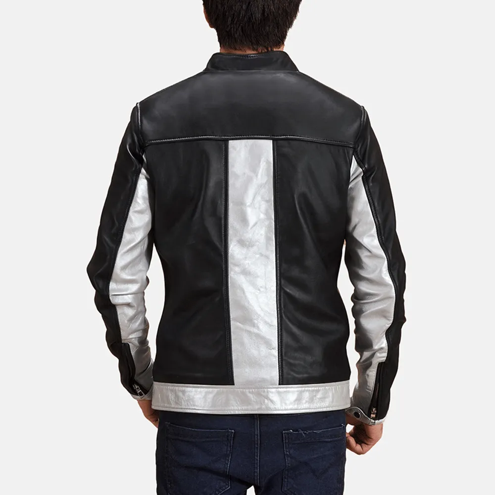 Turbo Silver Black Leather Motorcycle Jacket