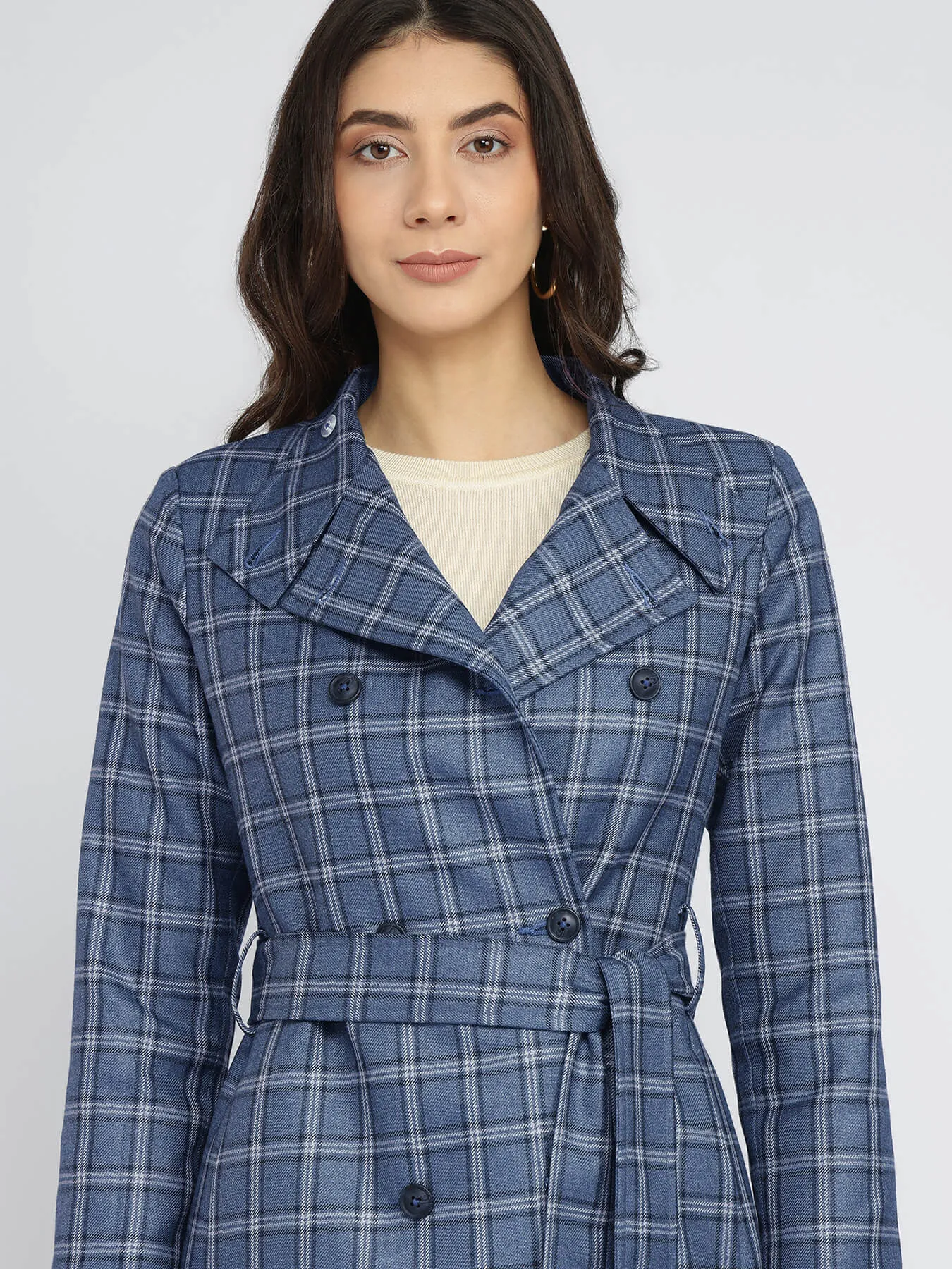 Tweed Wool longline Overcoat - Blue And Grey