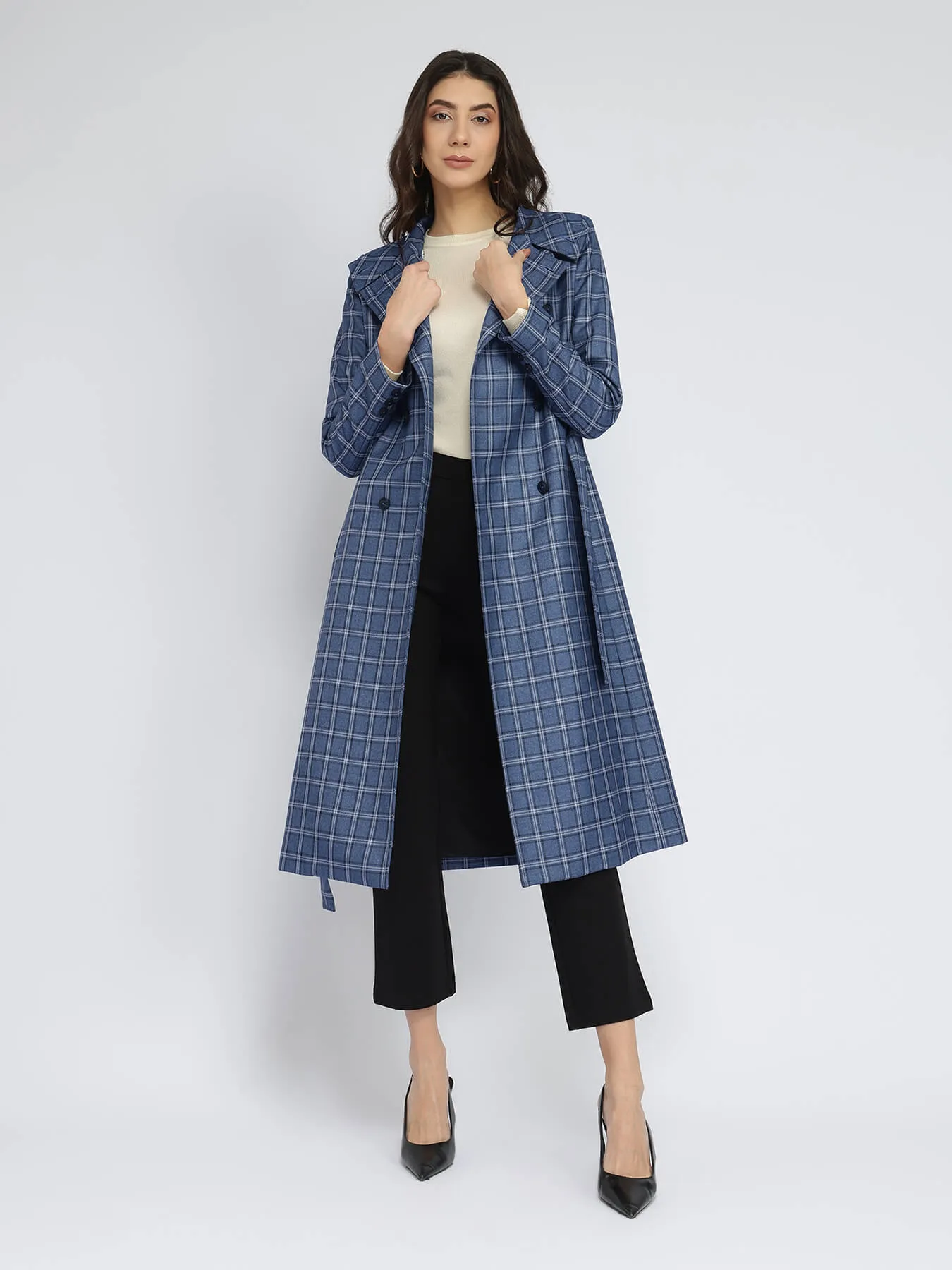 Tweed Wool longline Overcoat - Blue And Grey