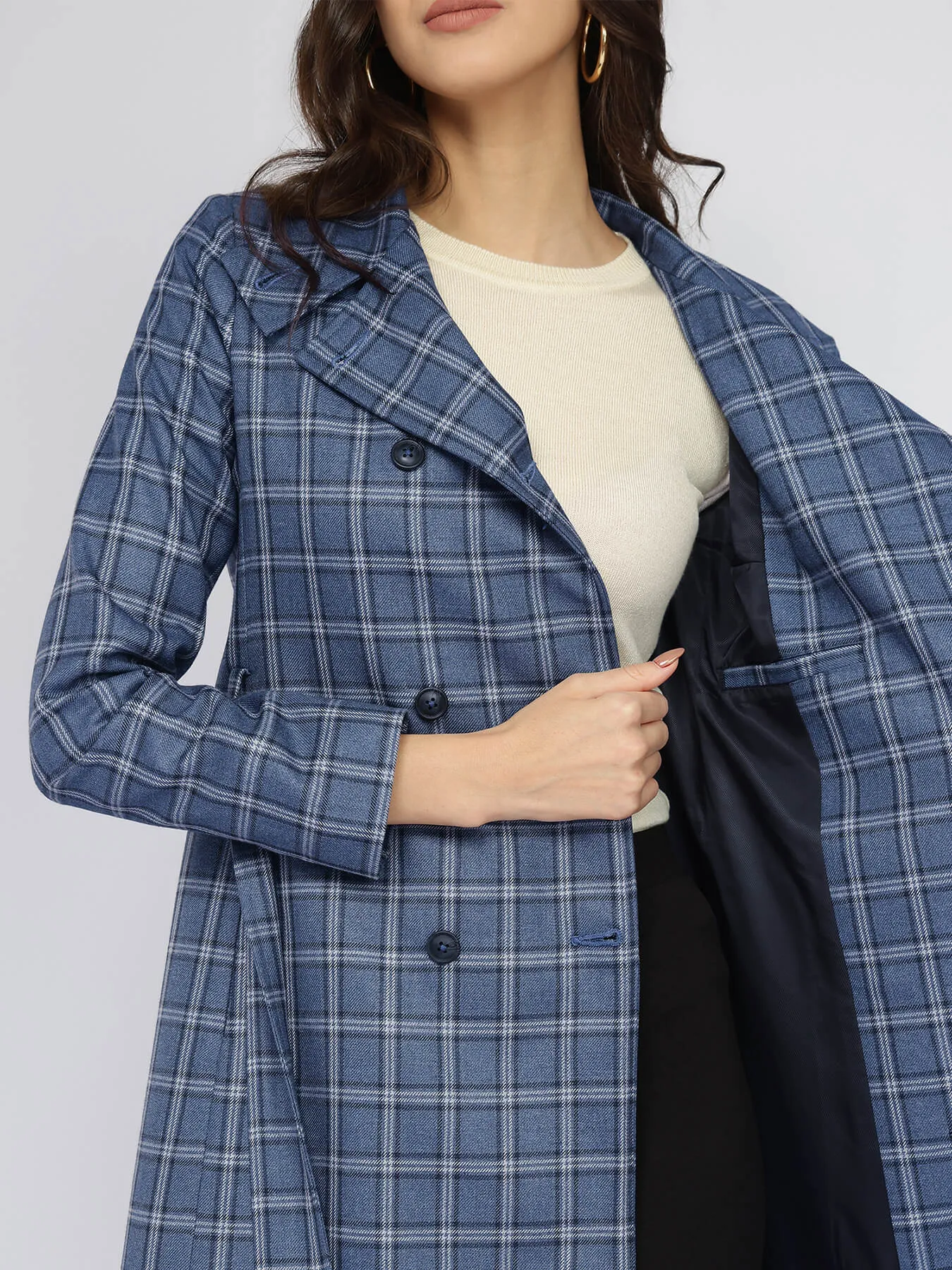 Tweed Wool longline Overcoat - Blue And Grey