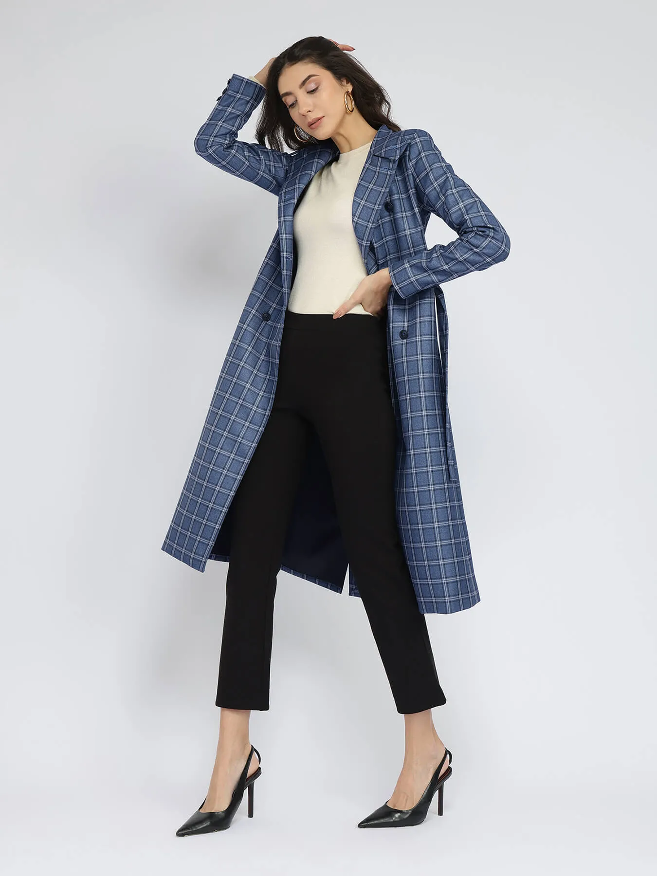 Tweed Wool longline Overcoat - Blue And Grey