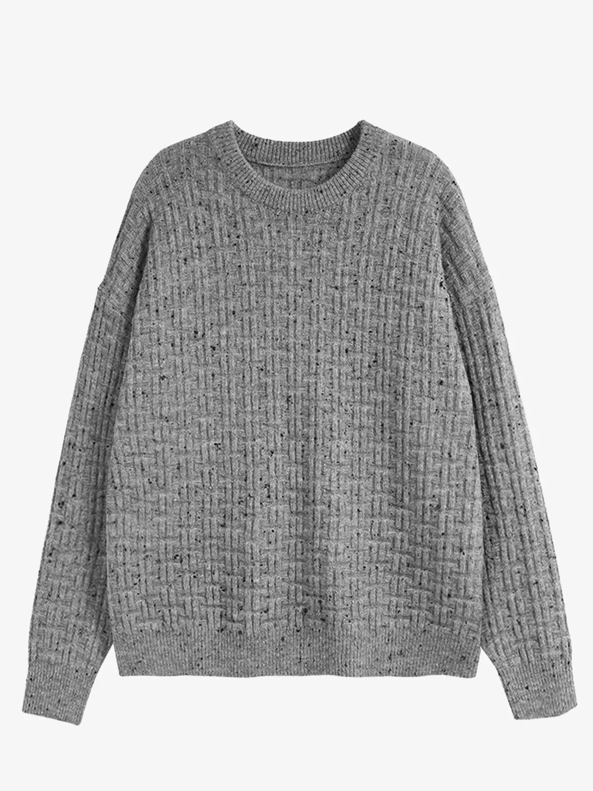 Waffle Knit Ribbed Trim Wool Crewneck Knitted Sweater