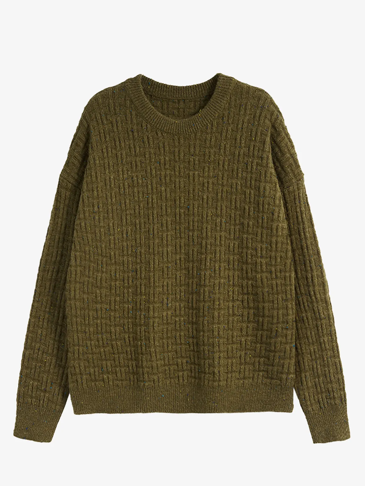 Waffle Knit Ribbed Trim Wool Crewneck Knitted Sweater