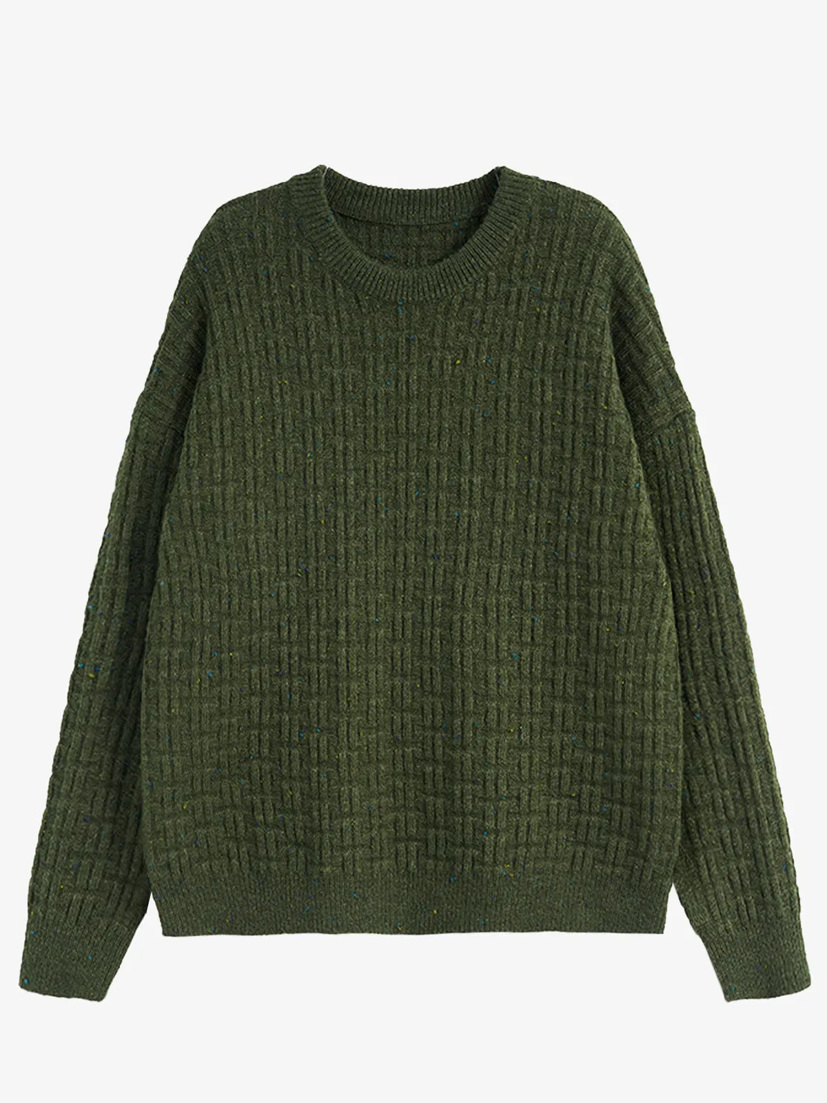 Waffle Knit Ribbed Trim Wool Crewneck Knitted Sweater