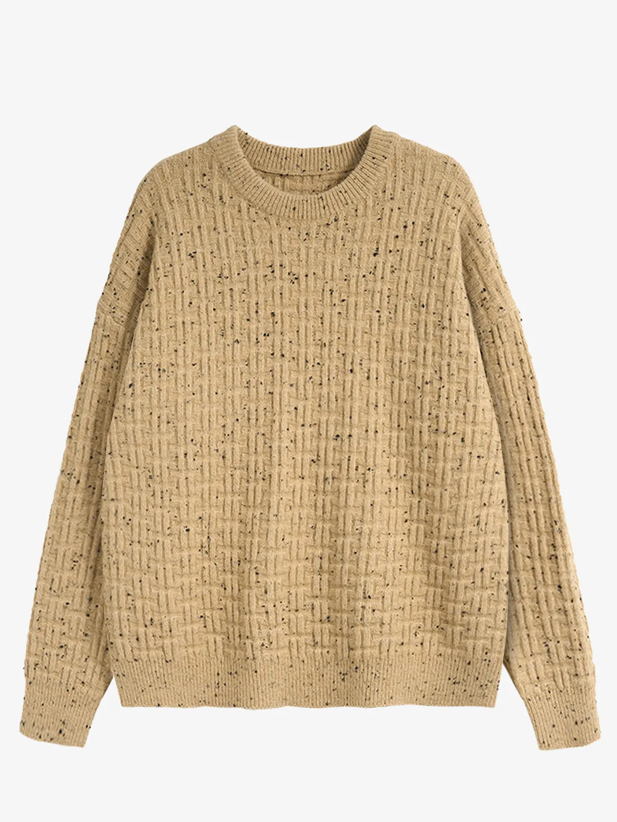 Waffle Knit Ribbed Trim Wool Crewneck Knitted Sweater