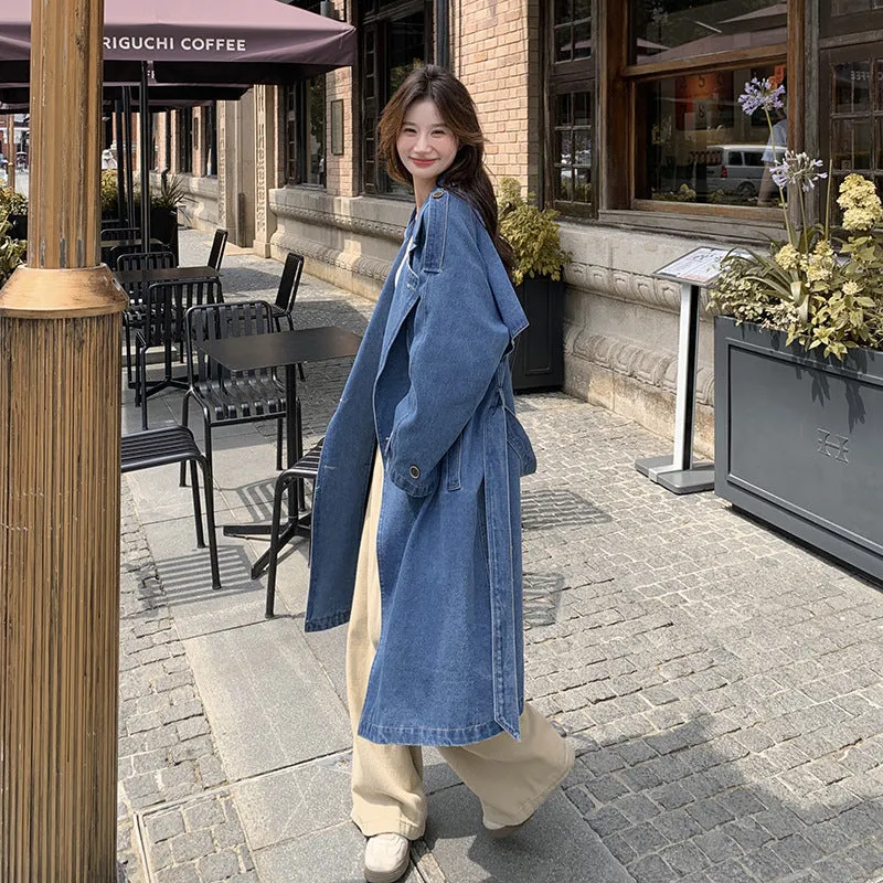 Wenkouban fall women's outfits Autumn and Winter Denim Coat Hooded Long-Sleeved Denim Shirt Single-Breasted Long Denim Trench Coat for Women