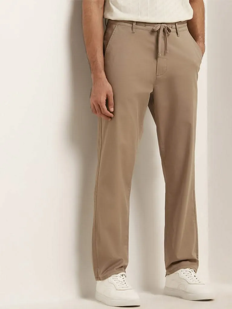 WES Casuals Taupe Relaxed-Fit Mid-Rise Cotton Blend Chinos