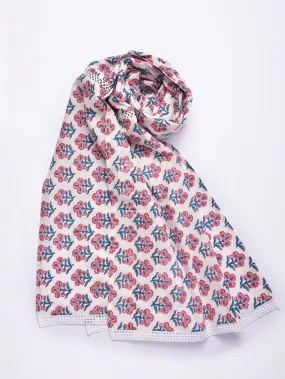 White Pink Floral Block Print Cotton Stole