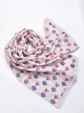 White With Pink Buta Print Cotton Stole