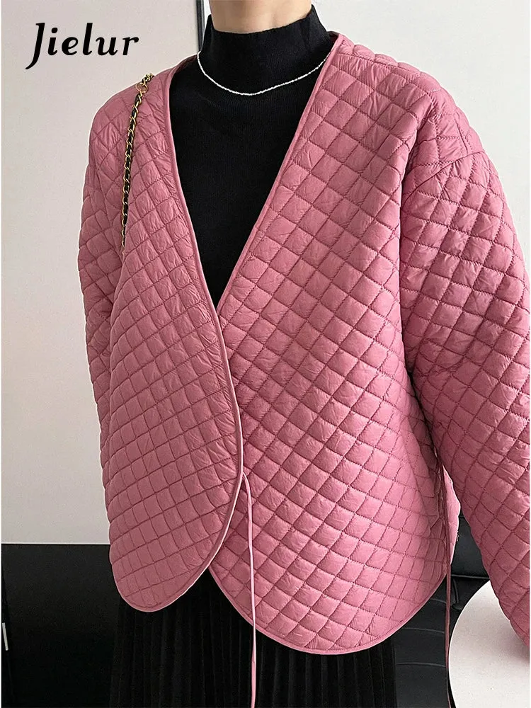 Women Autumn Parkas Coat Jackets Female Simple Loose Chic Korean V-Neck Diamond Plaid Long Sleeve Warm Pink Jacket Woman