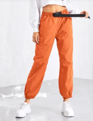 Women Push Buckle Front Pocket Side Tapered Carrot Pants Hiphop Streetwear Neon Jogger