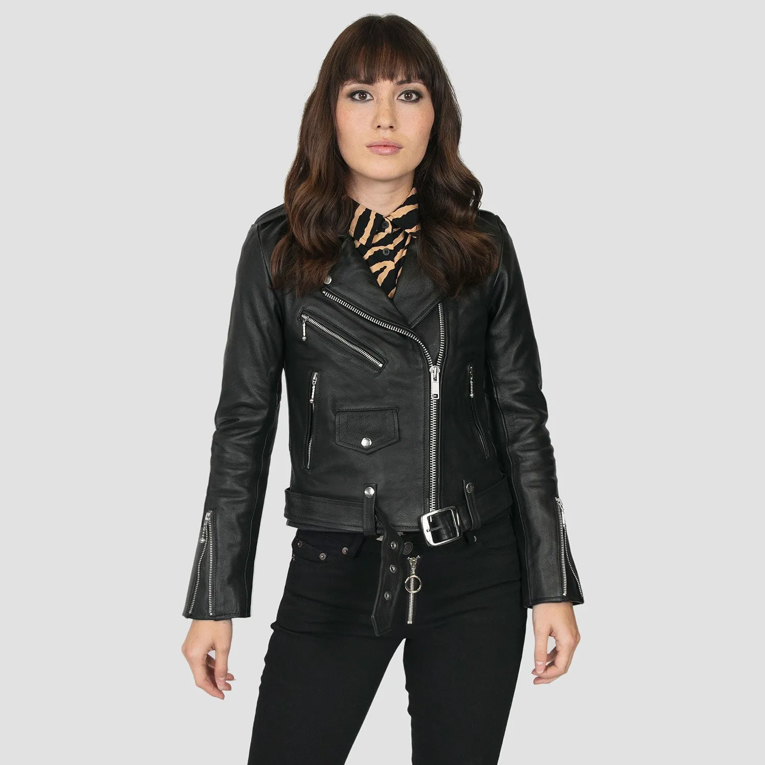 Women's Classic Fit Commando Lightweight Leather Jacket  - Black/Nickel