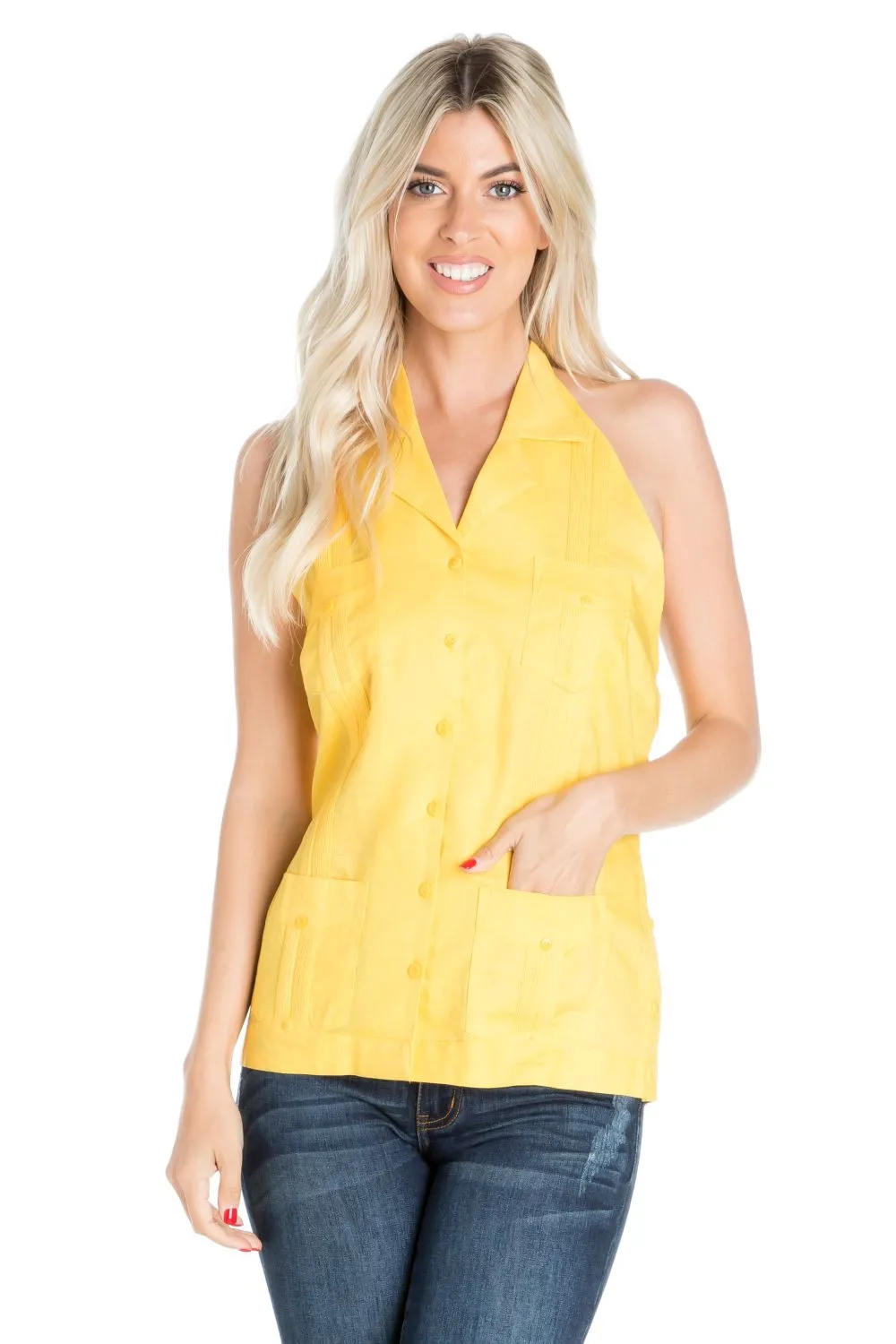 Women's Sexy Guayabera Halter Top Button Down Linen Blend S-2X