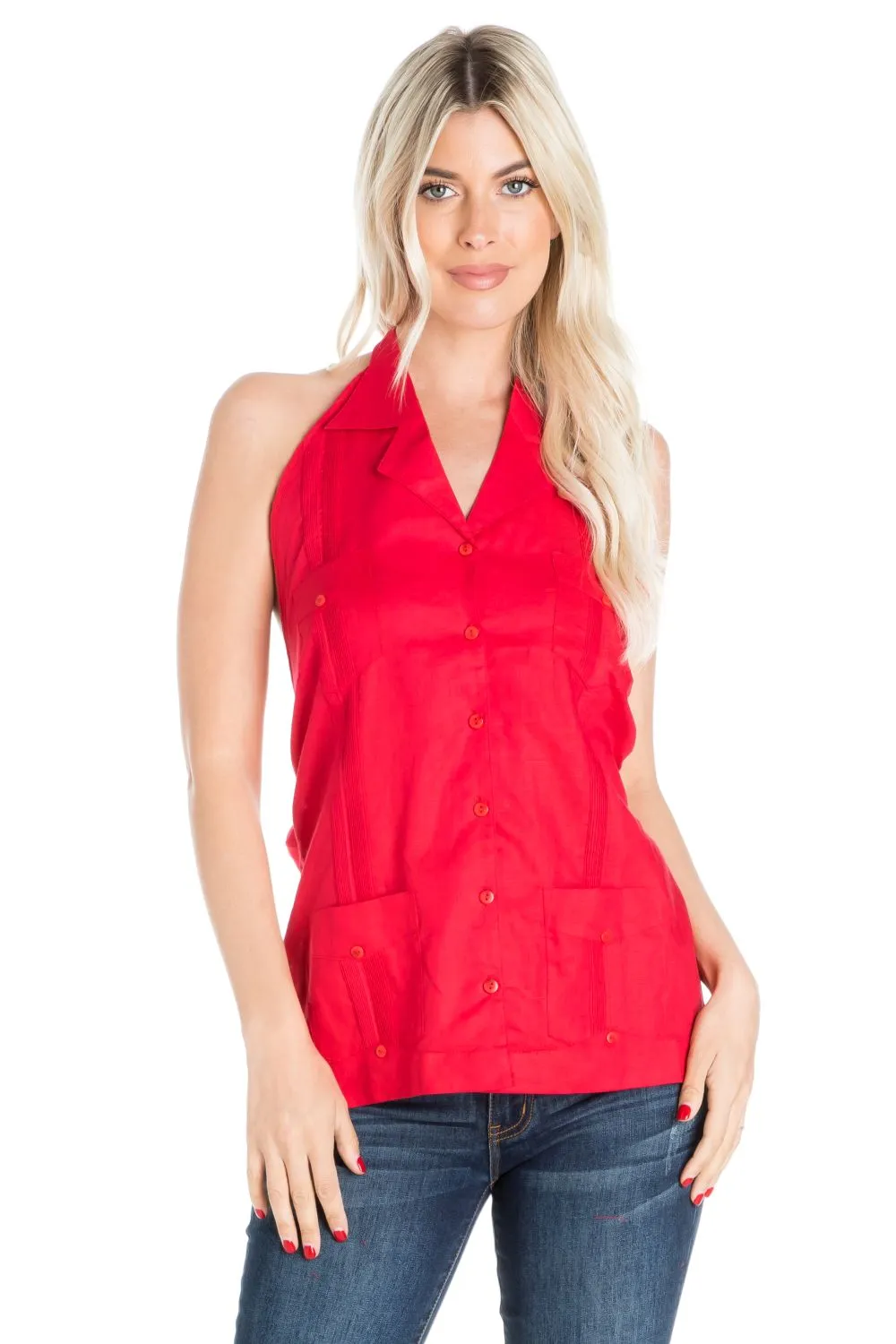 Women's Sexy Guayabera Halter Top Button Down Linen Blend S-2X