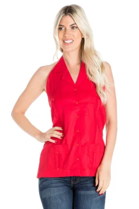 Women's Sexy Guayabera Halter Top Button Down Linen Blend S-2X