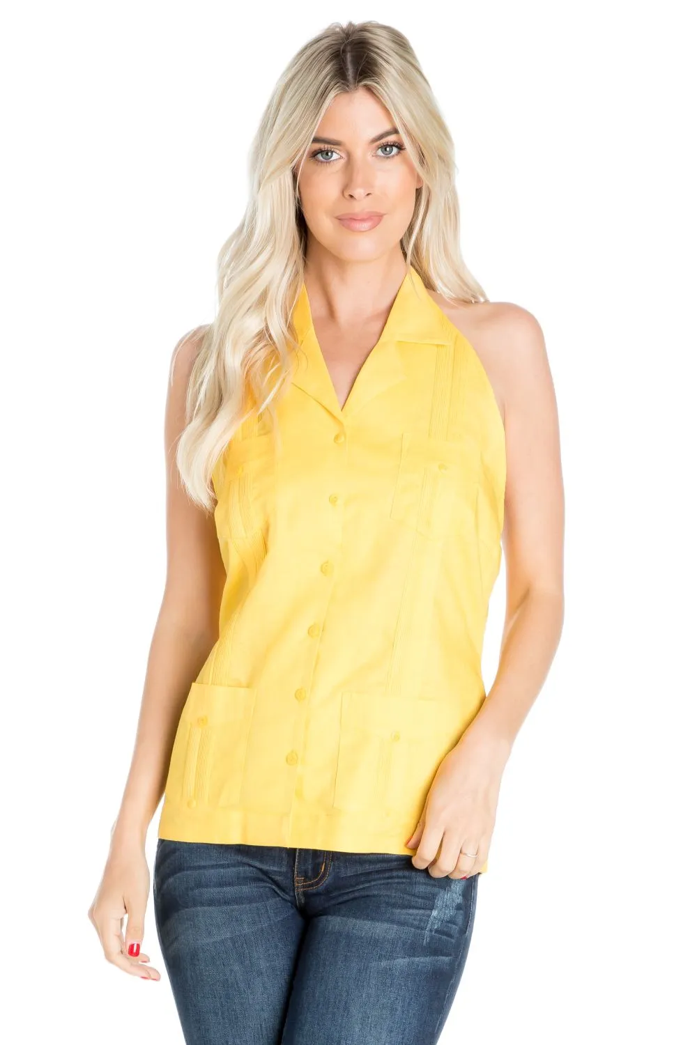 Women's Sexy Guayabera Halter Top Button Down Linen Blend S-2X