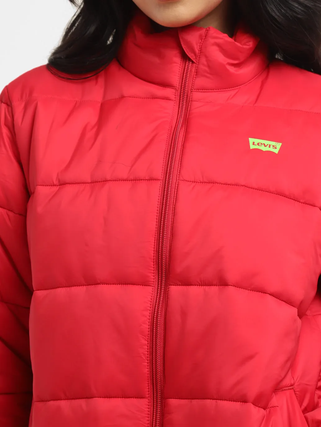 Women's Solid Red High Neck Quilted Jacket