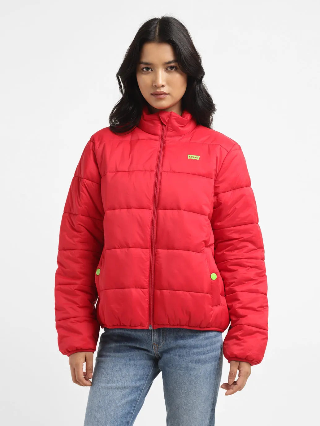 Women's Solid Red High Neck Quilted Jacket