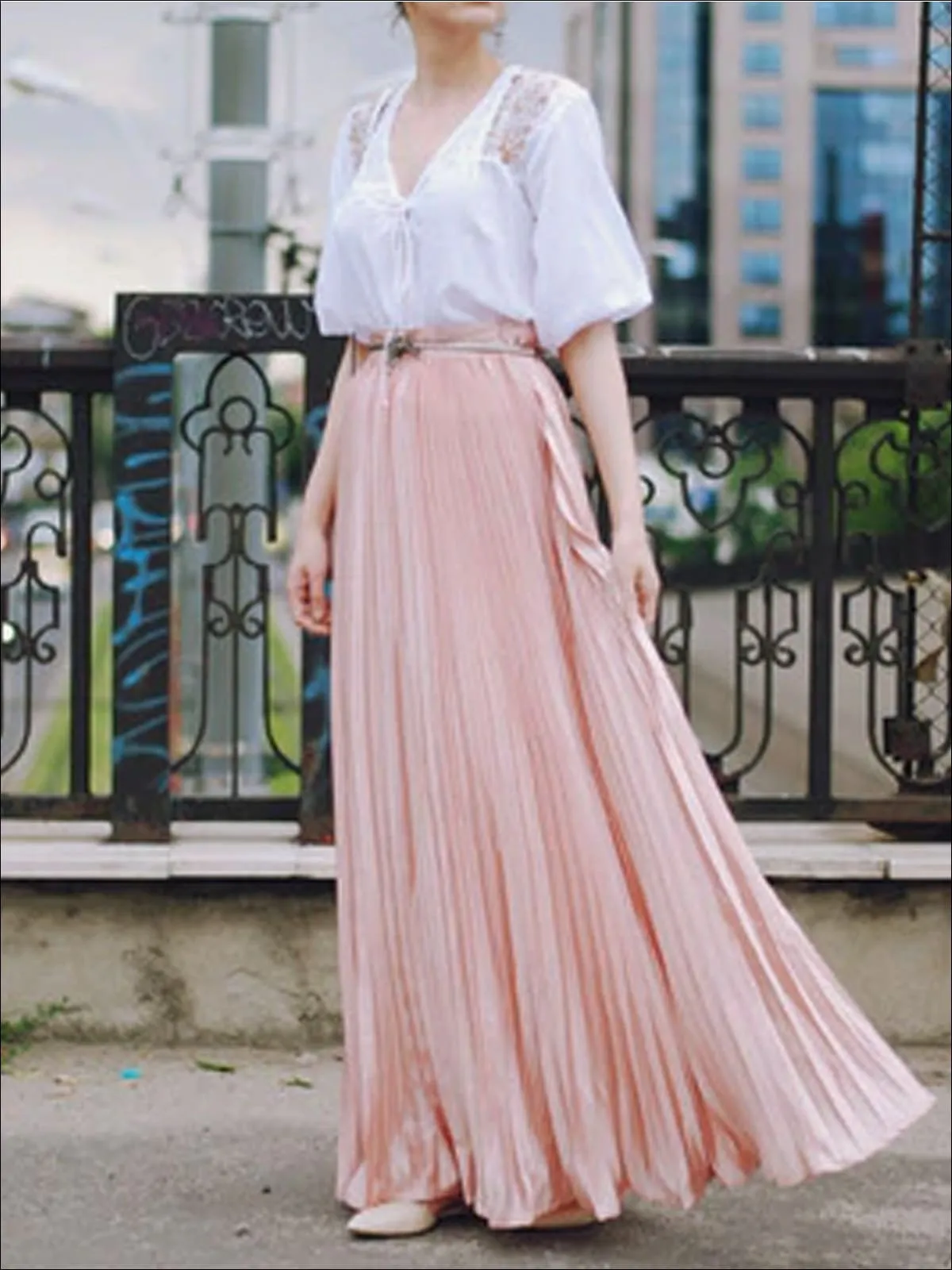 Women's Spring High Waist Pleated Maxi Skirt