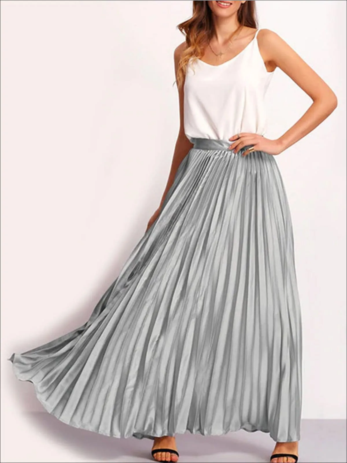 Women's Spring High Waist Pleated Maxi Skirt