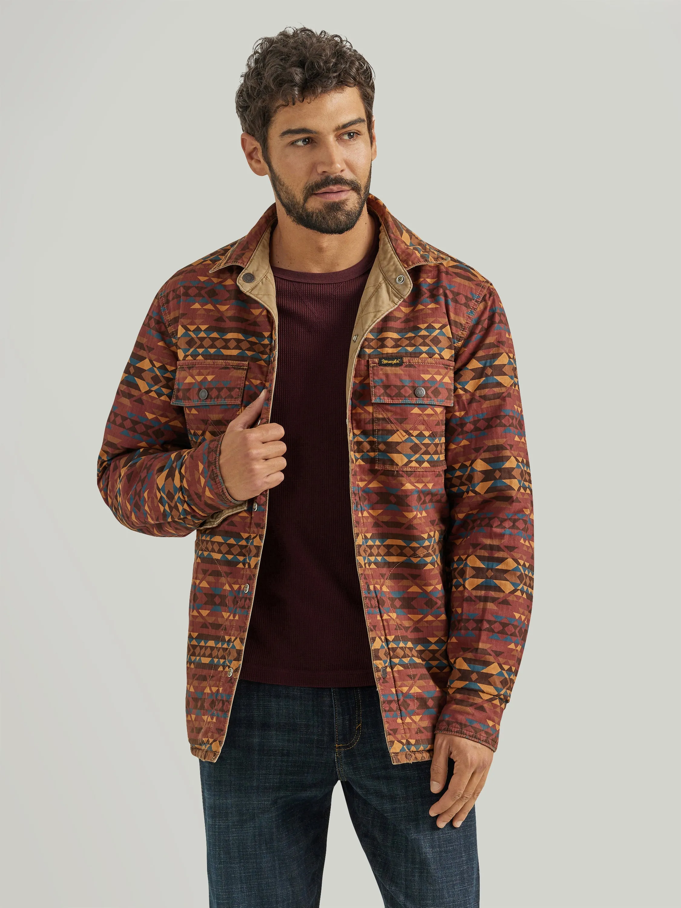 Wrangler Men's Solid Tan Quilted Western Jacket that Reverses to Bright Southwest Print