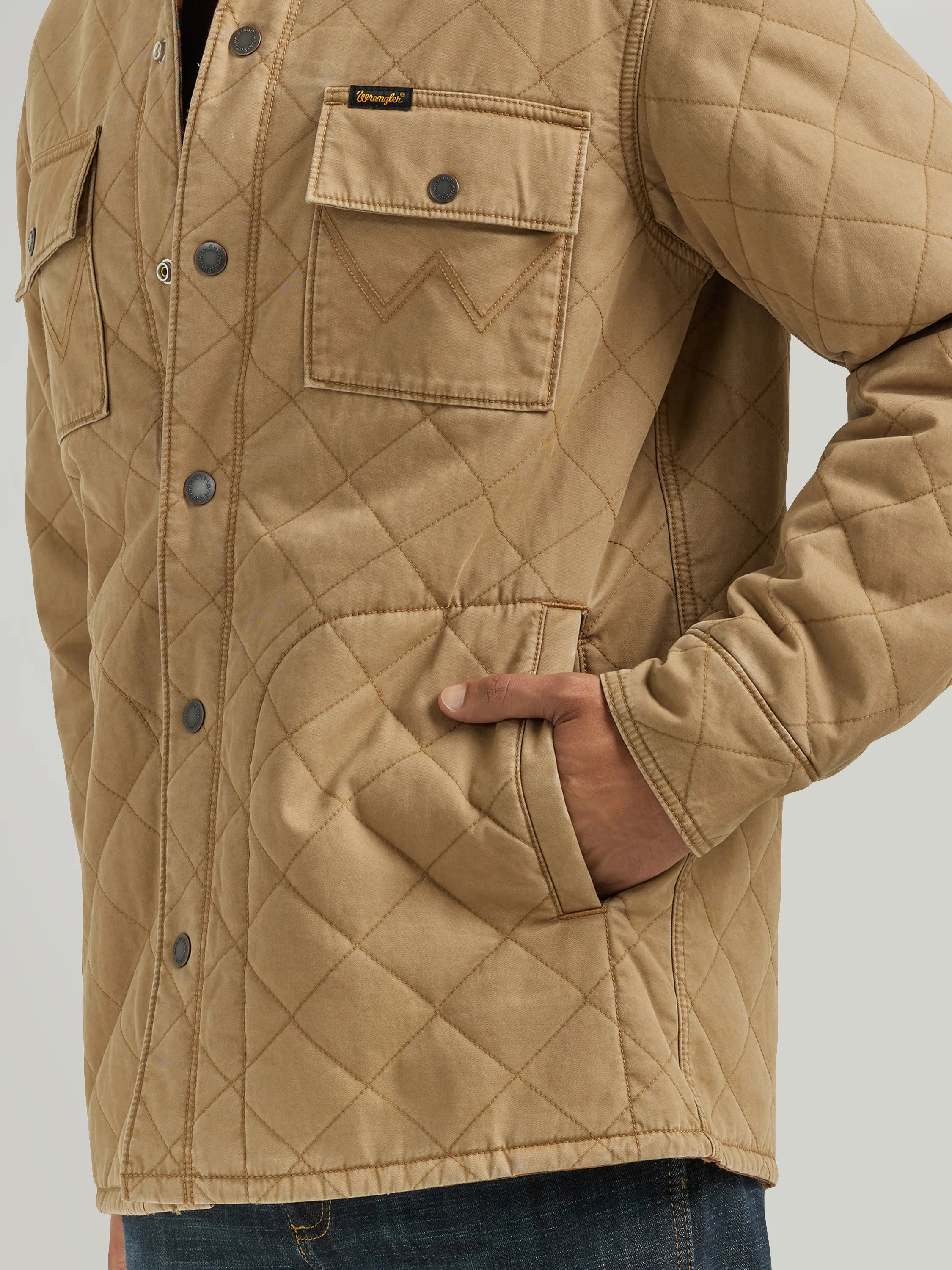 Wrangler Men's Solid Tan Quilted Western Jacket that Reverses to Bright Southwest Print