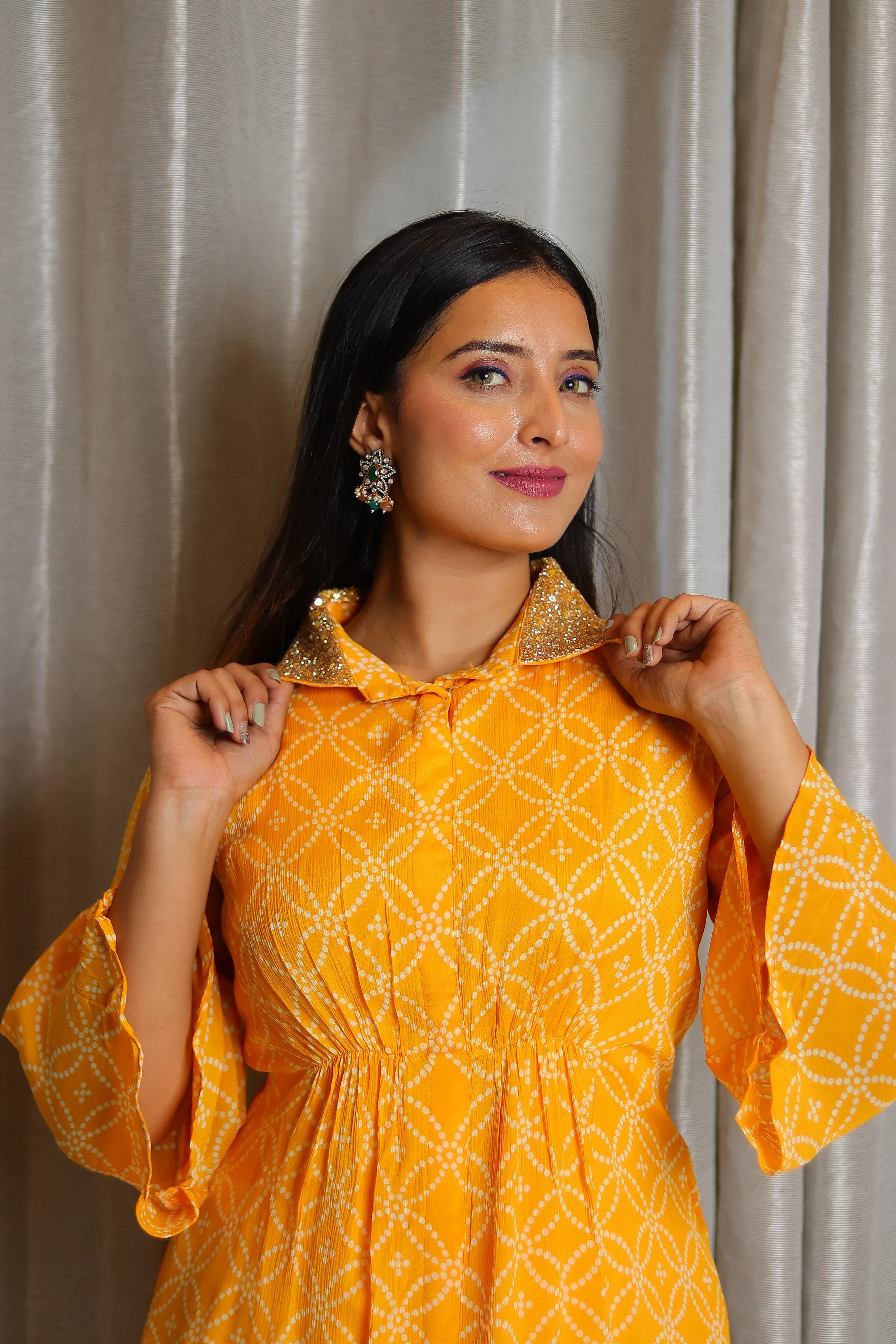 Yellow Chinnon Printed and Hand-Embroidered Collared Top with Chinnon Pants.