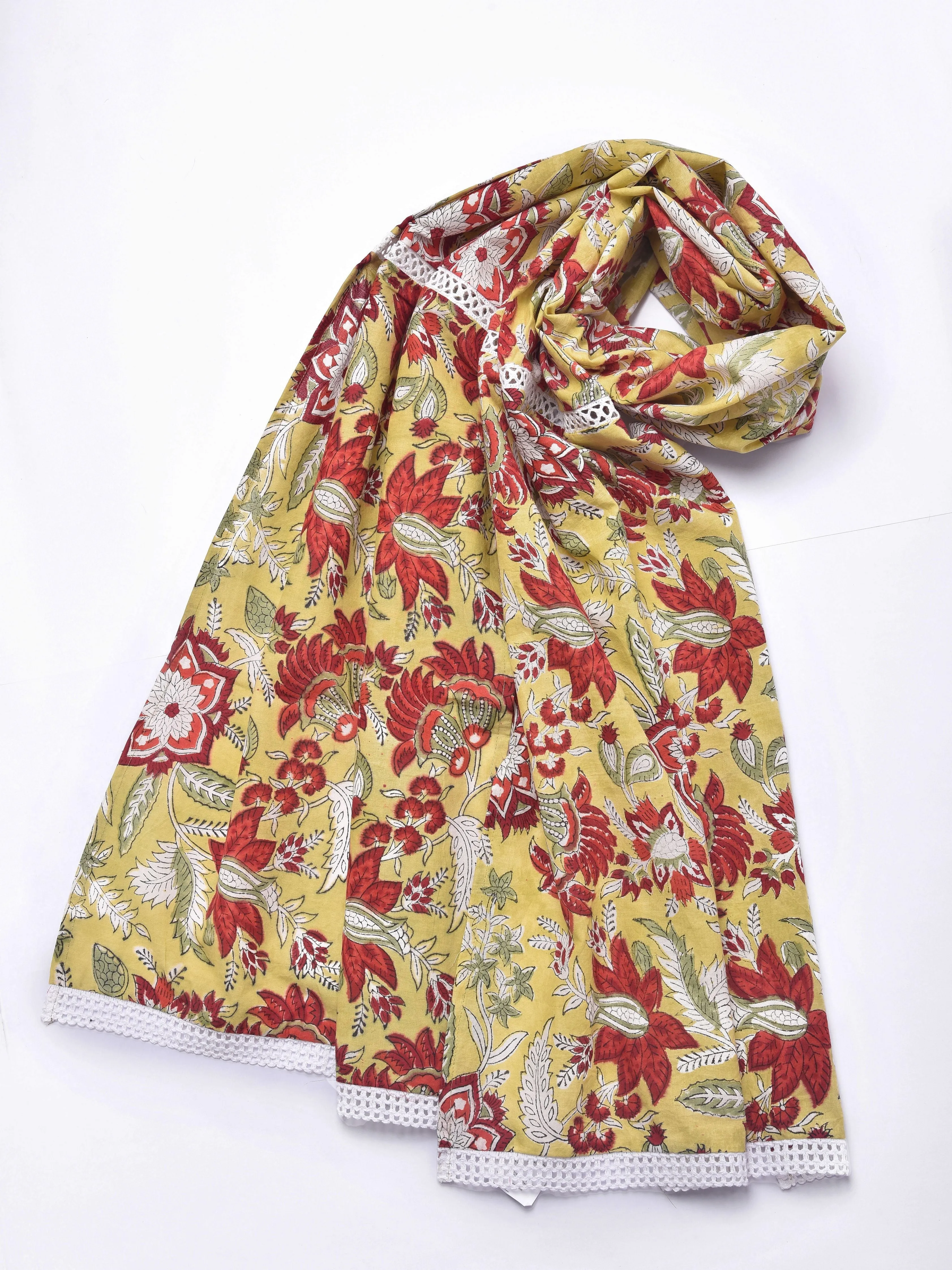 Yellow Floral Block Print Cotton Stole