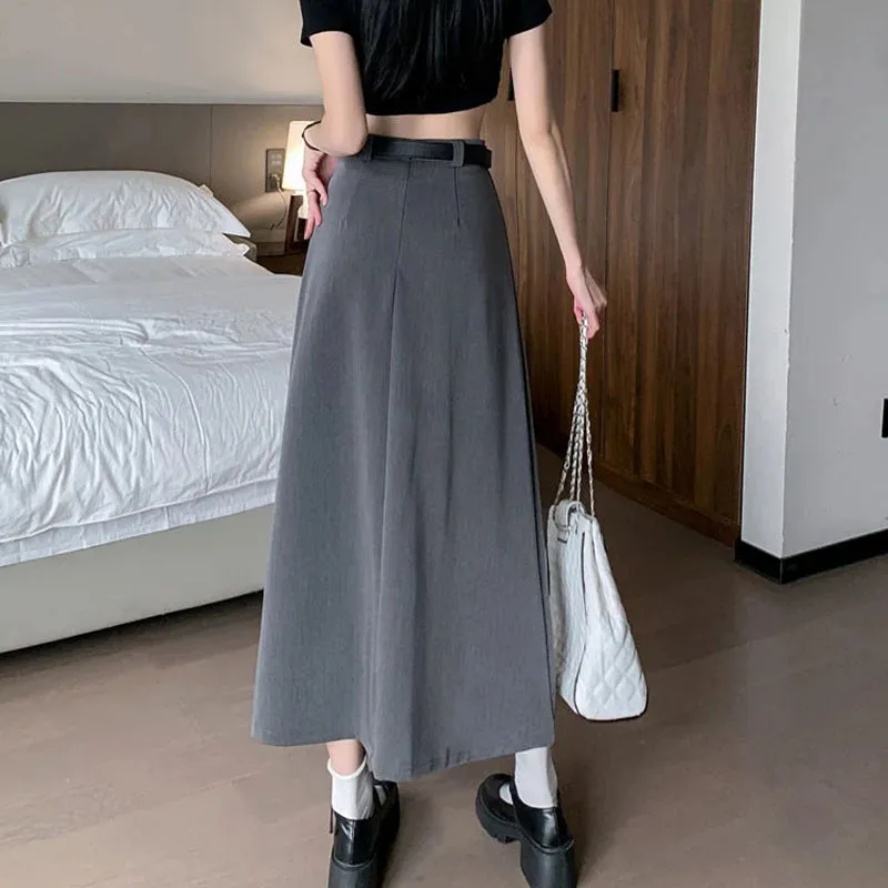 YESMYTOOL  -   Grey Long Pleated Skirt Women Autumn 2024 Casual Vintage High Waist A-line Midi School Skirt for Girls Korean Style