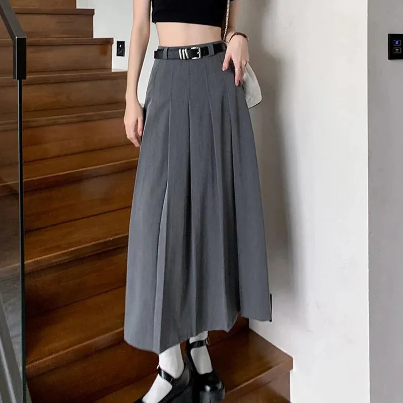 YESMYTOOL  -   Grey Long Pleated Skirt Women Autumn 2024 Casual Vintage High Waist A-line Midi School Skirt for Girls Korean Style