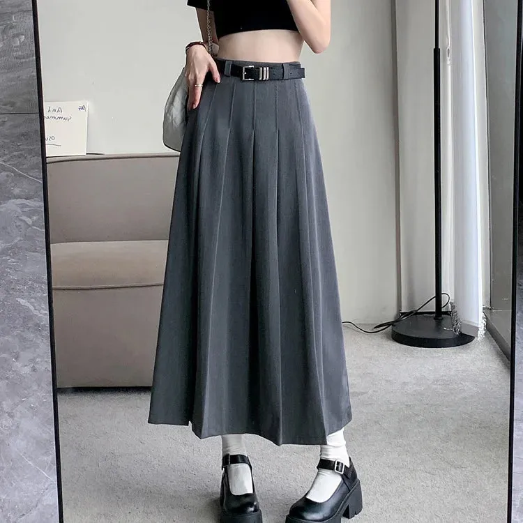 YESMYTOOL  -   Grey Long Pleated Skirt Women Autumn 2024 Casual Vintage High Waist A-line Midi School Skirt for Girls Korean Style