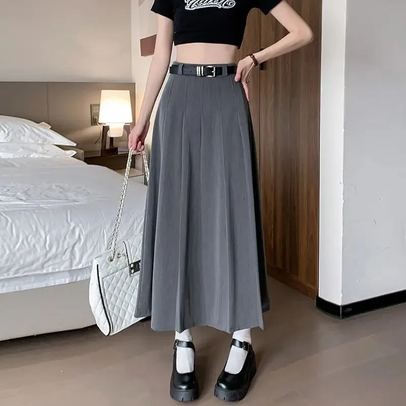 YESMYTOOL  -   Grey Long Pleated Skirt Women Autumn 2024 Casual Vintage High Waist A-line Midi School Skirt for Girls Korean Style