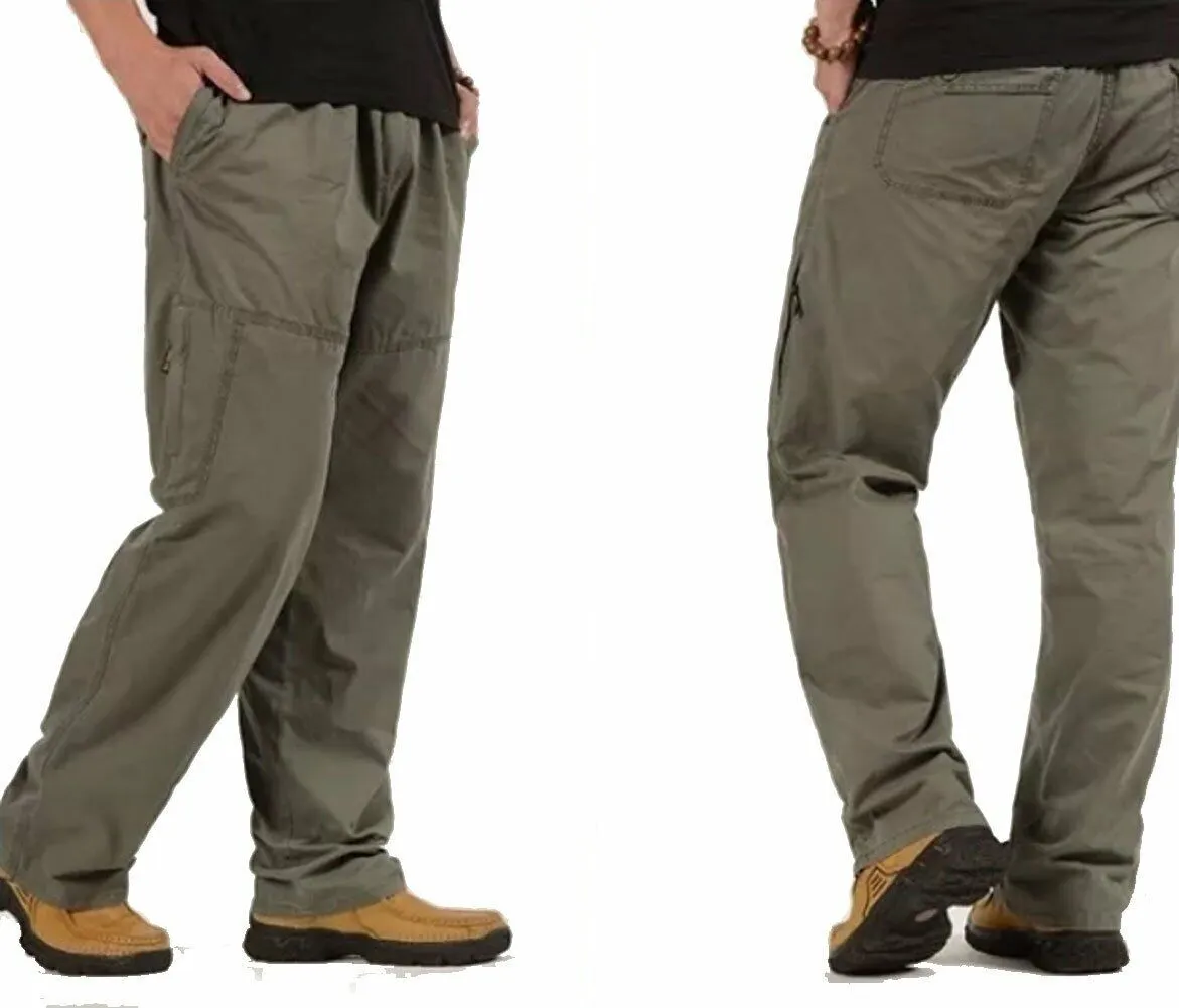 YGT Men's Full Elastic Waist Cargo Dungarees Pull On Workwear Casual Pants